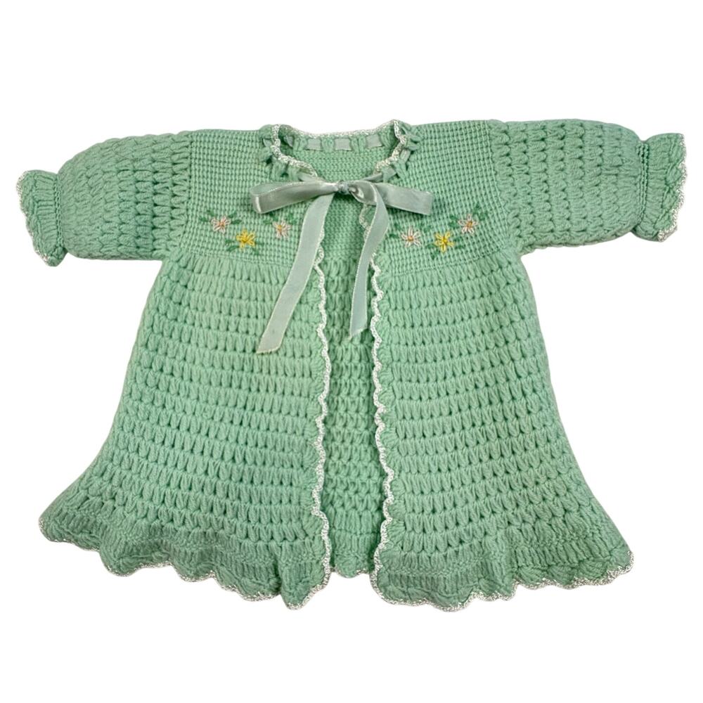 Vintage Hand Knit Embroidered Sweater Baby Girl NB Mint Green Layette